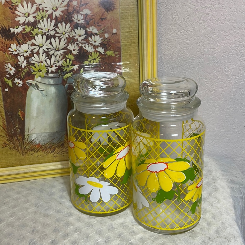 MCM Daisy Hildi Glass Canister Set of 2 by Anchor Hocking in Lattice Pattern